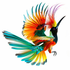 Obraz premium An exotic bird of paradise displaying its stunning plumage, feathers fanned out in a show of colors, isolated on white background.