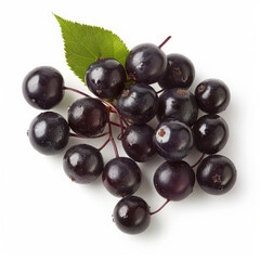 A handful of ripe, juicy serviceberries with a dark purple hue, isolated on white background