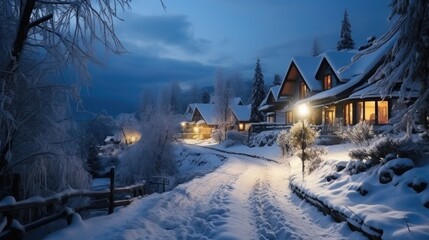 Fototapeta premium Winter Wonderland: Snowy Roofs and Christmas Lights