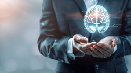 A businessman holding holographic glowing brain demonstrating innovation and futuristic technology concept
