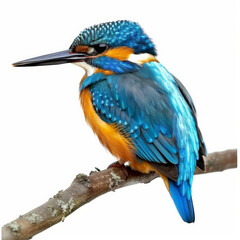 Fototapeta premium A beautiful kingfisher with its bright blue and orange feathers, perched on a twig, isolated on white background.