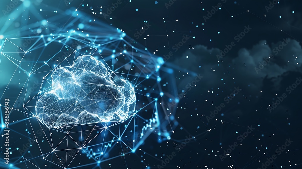 Fototapete Cloud and edge computing technology concept cybersecurity data protection White cloud with binary code connected polygons on dark blue background Connect business networks in the digit : Generative AI
