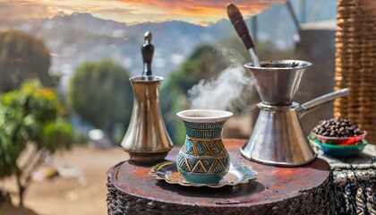 Obraz premium Colorful Ethiopia coffee label with illustration 