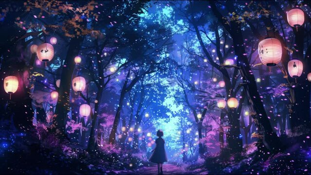 A lo-fi animation of an anime character walking along a forest path lit by soft purple, blue, and pink lanterns, with fireflies adding a magical touch