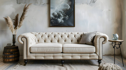 Rustic cabinet near white tufted sofa against concrete wall with art poster