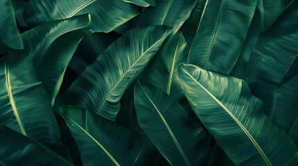 Abstract bold green leaves texture  background elegant tropical banana leaf details nature wallpaper vintage tone deep shading foliage ecology concept dark moody feel refined elegance  : Generative AI
