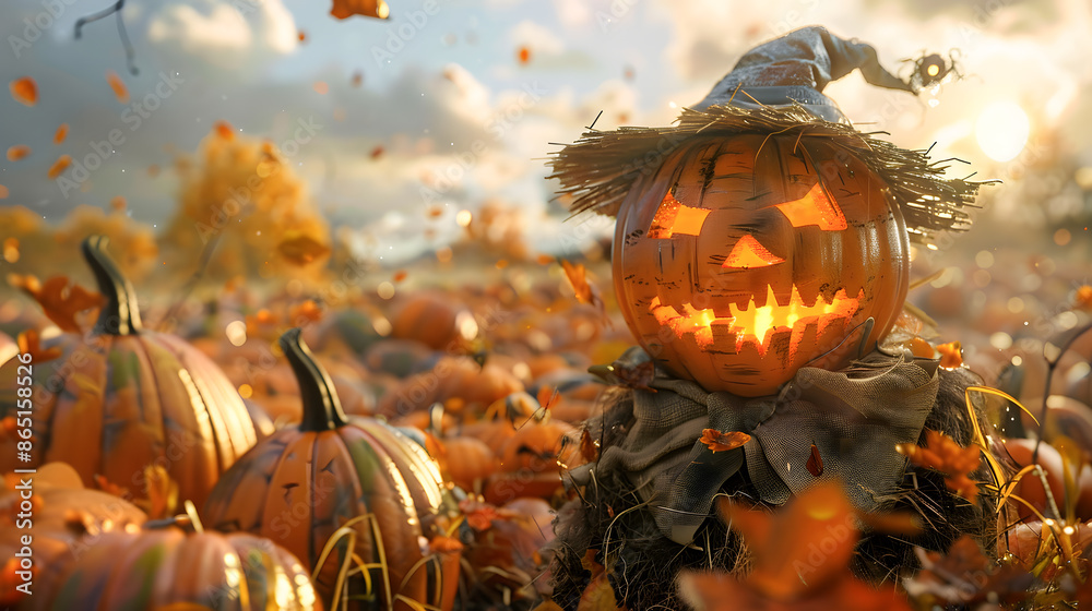 Wall mural Scary scarecrow in a field full of pumpkins, Halloween