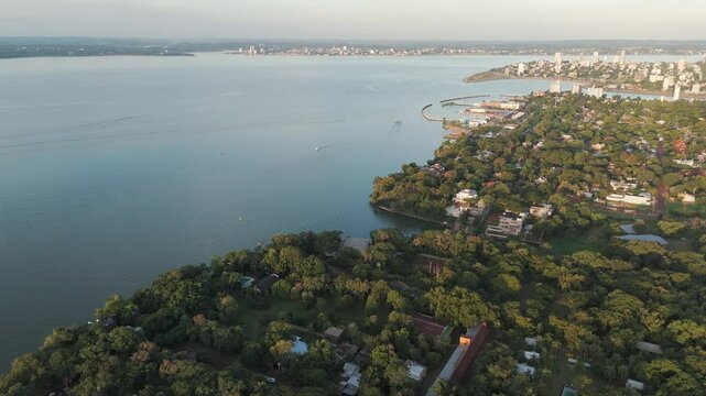 Panoramic aerial view of the Paran&aacute; River in Misiones, Argentina, at the point where the borders of Argentina, Brazil, and Paraguay meet.