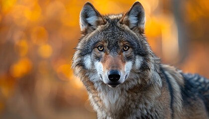 Fototapeta premium Close-up portrait of a gray wolf in the autumn forest.