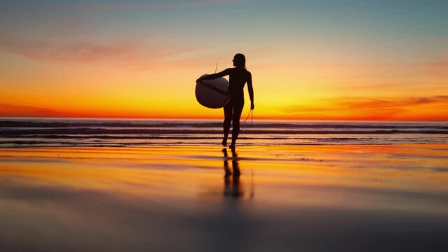 Wide Shot of Female Surfer Walking Towards Beach with Surfboard at Sunset in Costa da Caparica, Portugal