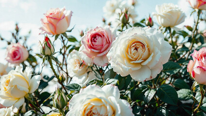 Blooming White Roses in a Sunlit Garden