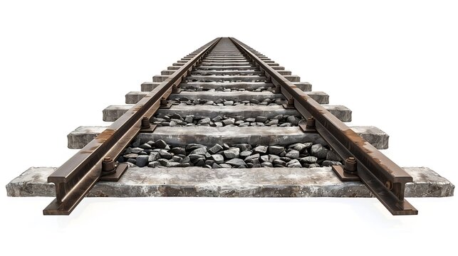 Railway Lines Isolated Train Tracks with Track Ballast Stones Metal Rails Old Railway Track on White Background : Generative AI