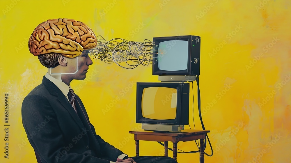 Aufkleber Man businessmans brain charge by means of energy of retro computers on yellow background Contemporary art collage Loading generating new ideas Concept of surrealism retro style : Generative AI