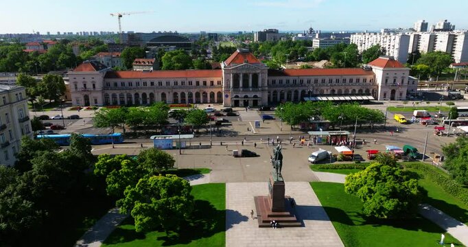 Monument To King Tomislav In Front Of Zagreb Glavni Kolod Train Station In Zagreb, Croatia. Aerial Drone Shot