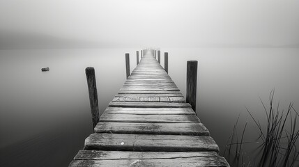 Gray Serenity: Wooden Piers Stretching into Misty Waters