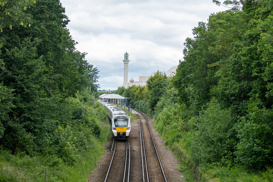 LONDON-  Morden South Railway Station and The Baitul Futuh Mosque in Morden, Merton, south west London