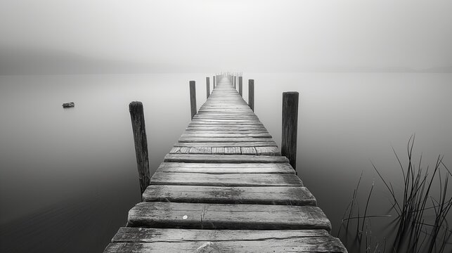 Gray Serenity: Wooden Piers Stretching into Misty Waters - Powered by Adobe