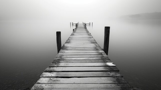 Gray Serenity: Wooden Piers Stretching into Misty Waters