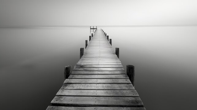 Gray Serenity: Wooden Piers Stretching into Misty Waters