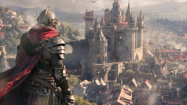 big armor warrior fantasy character looking over a fantastic medieval city landscape, digital art