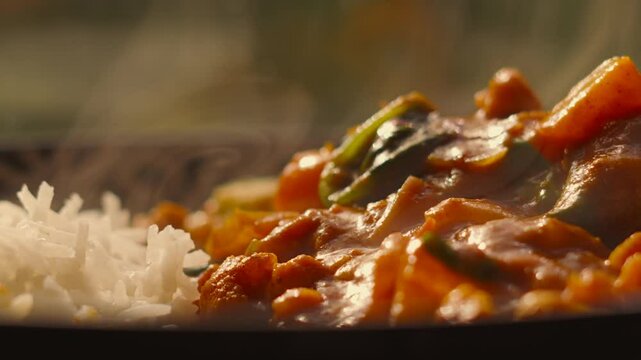 Ultra Slow Motion Footage of Indian Food Vegetable Tikka Masala Curry with Basmati Rice Steam Rising - 4K Shallow Depth of Field Footage