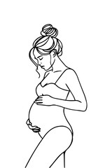 A minimalist, black single line drawing of a pregnant woman. She is depicted in a side profile, with her hand gently touching her belly. Her hair is styled in a bun, and she appears to be in a contemp