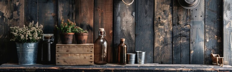 Rustic wooden, shelf with plants and bottles