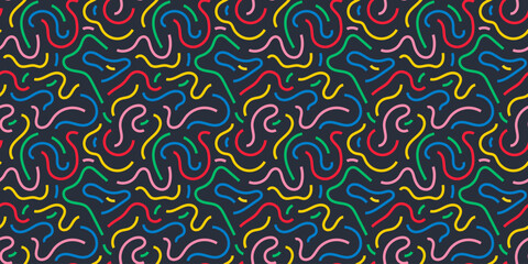 Fun line doodle seamless pattern. Creative abstract squiggle style drawing background for children or trendy design with basic shapes. Simple childish scribble wallpaper print. Vector stock background