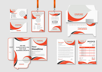 Professional business branding stationery set design template. Business office stationary mockup template of  Business card, ID card, Envelope,  Marketing File folder, Letterhead and Invoice design.
