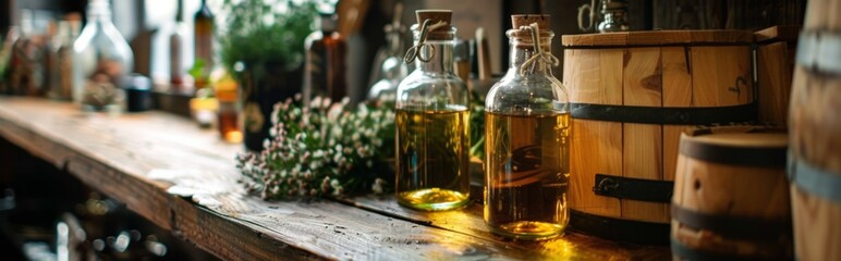 rustic, kitchen with Bottles of Olive Oil
