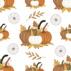 Autumn theme seamless pattern with pumpkins, golden fall leaves.