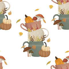 Autumn theme seamless pattern with pumpkins, mushrooms and fall leaves.