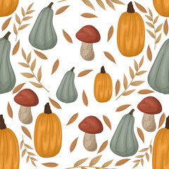 Autumn theme seamless pattern with pumpkins, golden fall leaves.