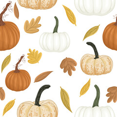 Autumn theme seamless pattern with pumpkins, golden fall leaves.