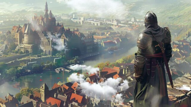 big armor warrior fantasy character looking over a fantastic medieval city landscape, digital art