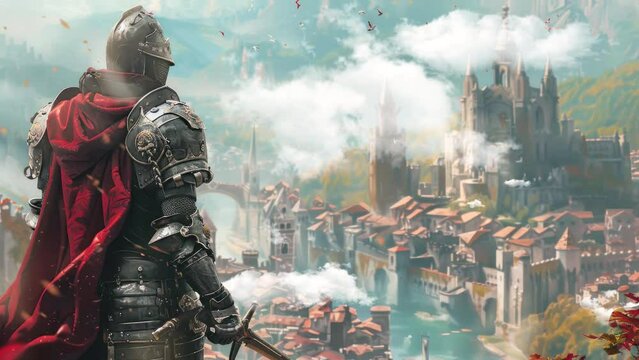 big armor warrior fantasy character looking over a fantastic medieval city landscape, digital art