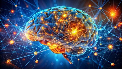  The image shows a 3D illustration of a human brain with glowing neurons and synapses. 