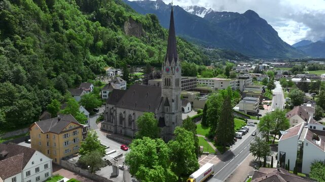 Vaduz Cathedral in City Center Aerial shot at Summer Day, capital of Principality of Liechtenstein, Europe.