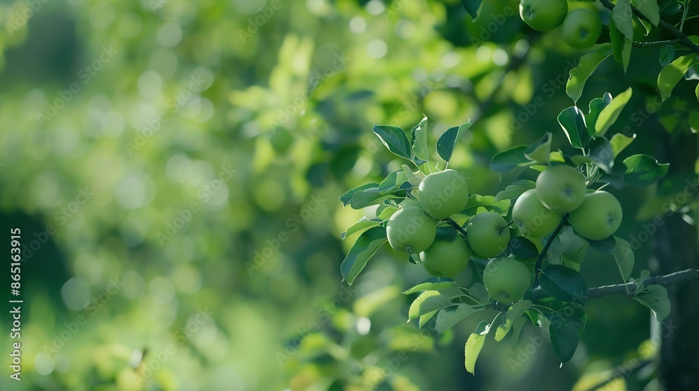 Poster apple orchard with an unripe harvest of green apples apple orchard with a harvest of apple fruits in