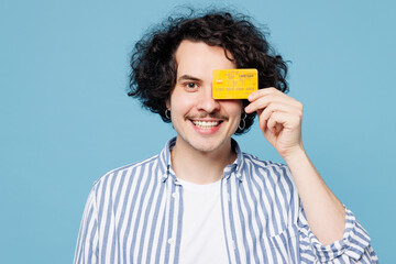 Close up young man he wear shirt white t-shirt casual clothes hold in hand cover eye with mock up...