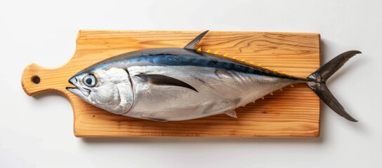 whole tuna fish on a wooden board