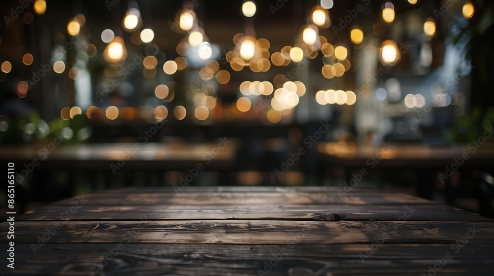 Leinwandbilder Empty dark wooden table in front of restaurant abstract blurred bokeh background can be used to demonstrate or mount your products Layout for space : Generative AI