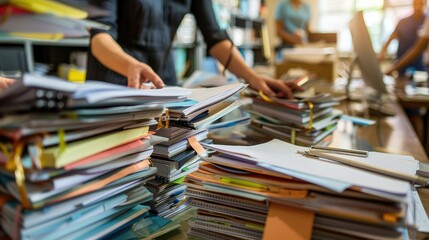 HR staff organizing files and documents in a busy office setting