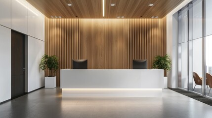 Reception area of a company's headquarters with a professional receptionist