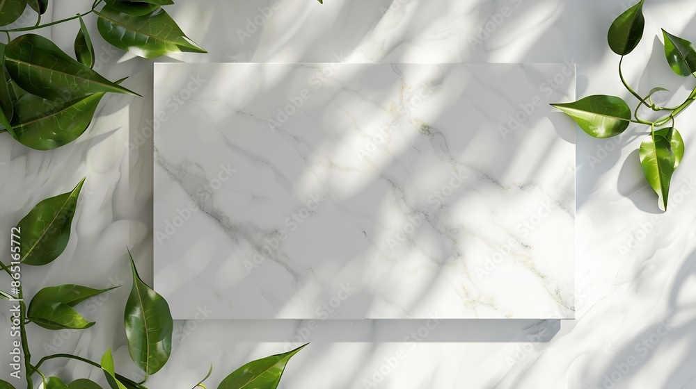 Poster Empty marble board with green leaves on a light background with shadow Layout concept for presentation of promotional products sale or demonstration of cosmetics Front view and copy sp : Generative AI