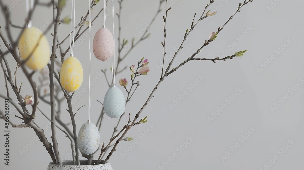 Aufkleber easter home decor craft concept a vase filled with branches with easet craft eggs hanging on it : ge