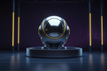 A glowing futuristic ball on a pedestal in a dark room with yellow lights and a black floor.