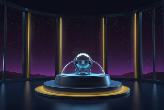 A space station with a glass dome and a window with a view of the sky and stars in the distance