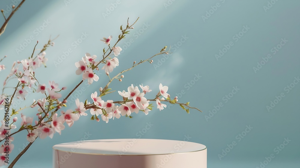 Poster Empty podium or pedestal with spring bloom Mock up for cosmetic products : Generative AI