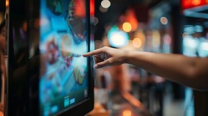 Selective focus to customers hand is touching a touch screen to order food and pay electronically : Generative AI